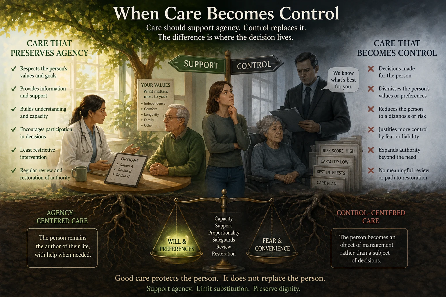 Care infographic contrasting supportive, participatory care with paternalistic control that displaces a person's choices.