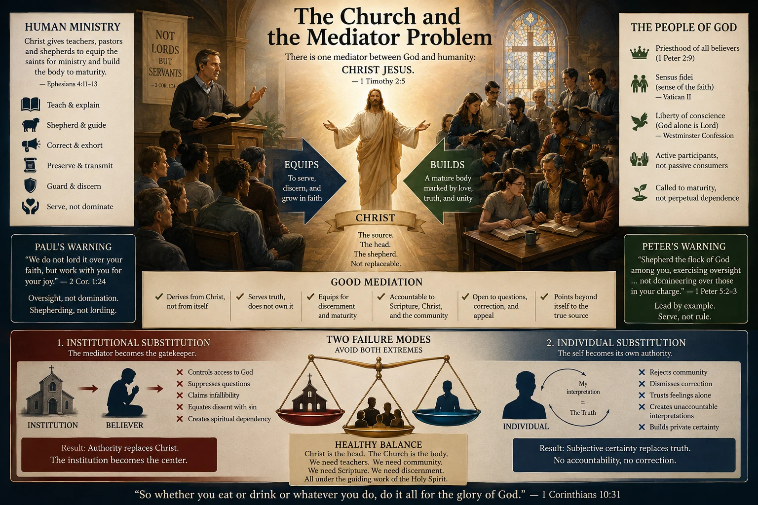 Church infographic presenting human ministry as service under Christ and contrasting institutional and individual substitution.