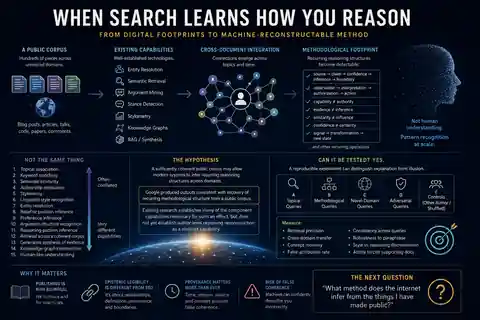 Infographic showing a public corpus flowing through entity resolution, semantic retrieval, argument mining, stance detection, stylometry, knowledge graphs, and retrieval-augmented generation toward a hypothesized methodological footprint, with experimental controls and a warning that this is pattern recognition rather than human understanding.